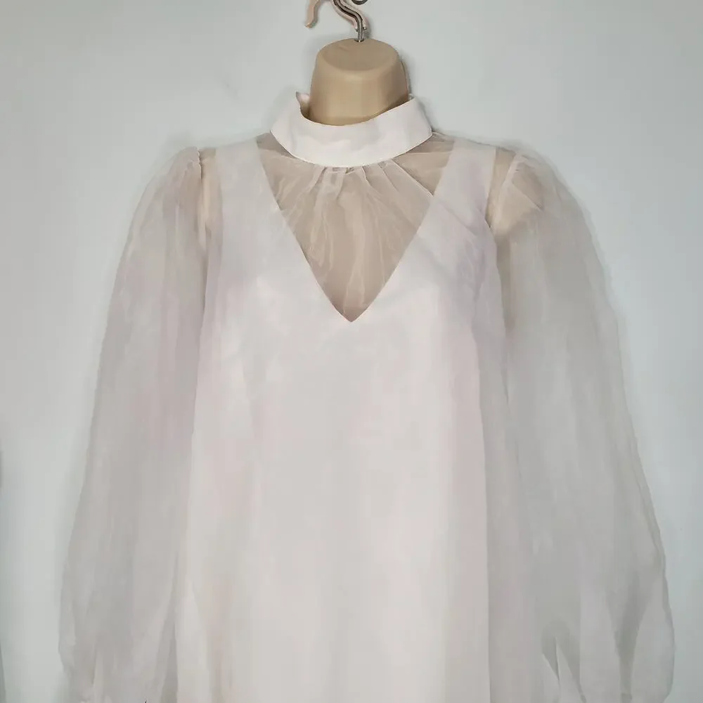 Mare Mare Long Sleeve Organza Overlay Mini Dress White High Neck Size Small - Picture 6 of 14